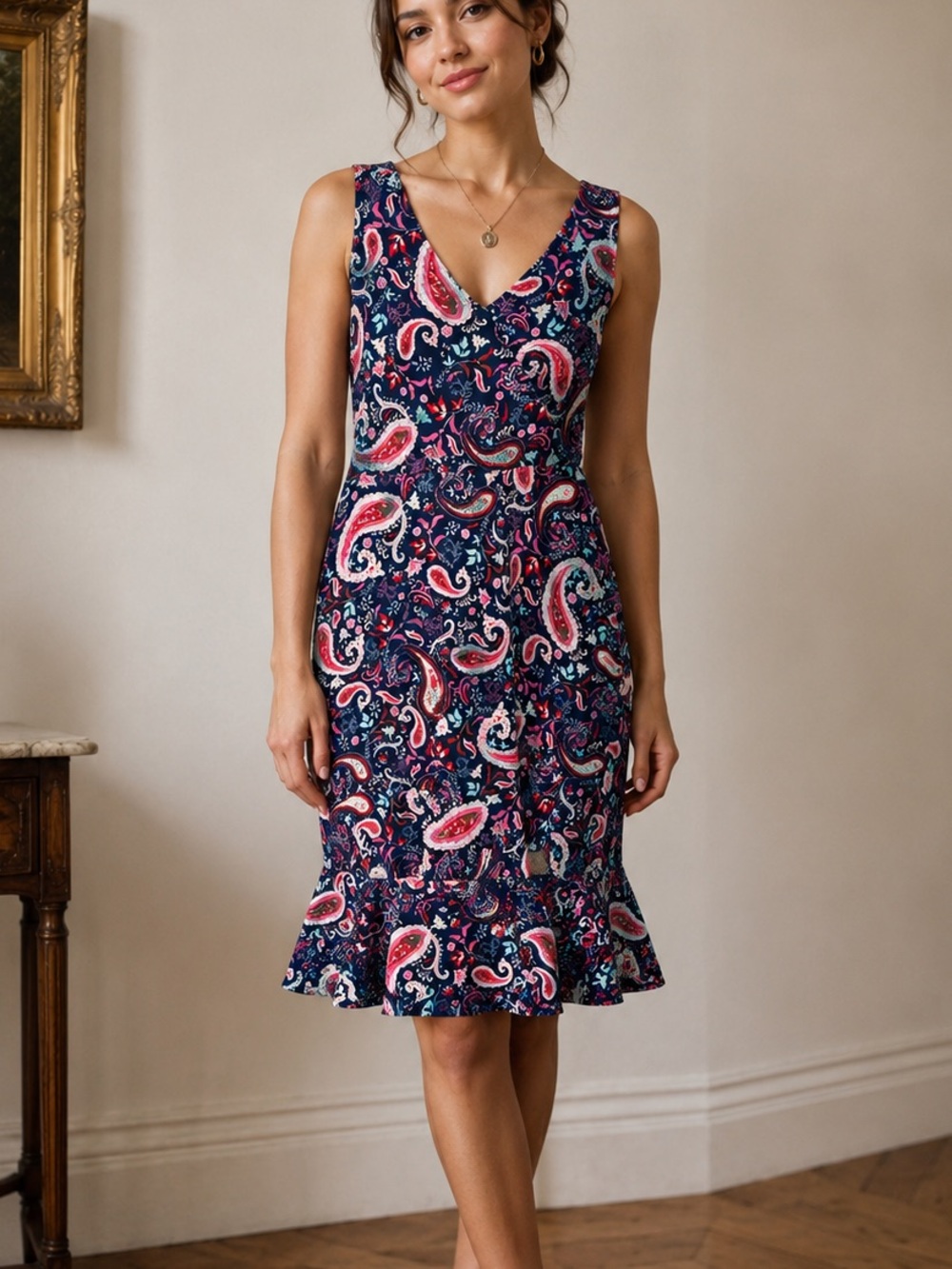 Sleeveless Navy Paisley V-Neck Dress - Pink & White Accents